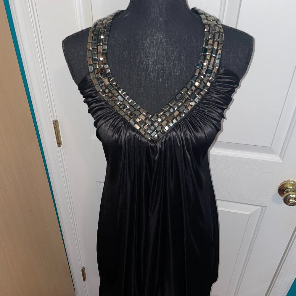 Vintage INTRIGUE Black Satin Silver Embellishment Halter Dress/Tunic (Size M)